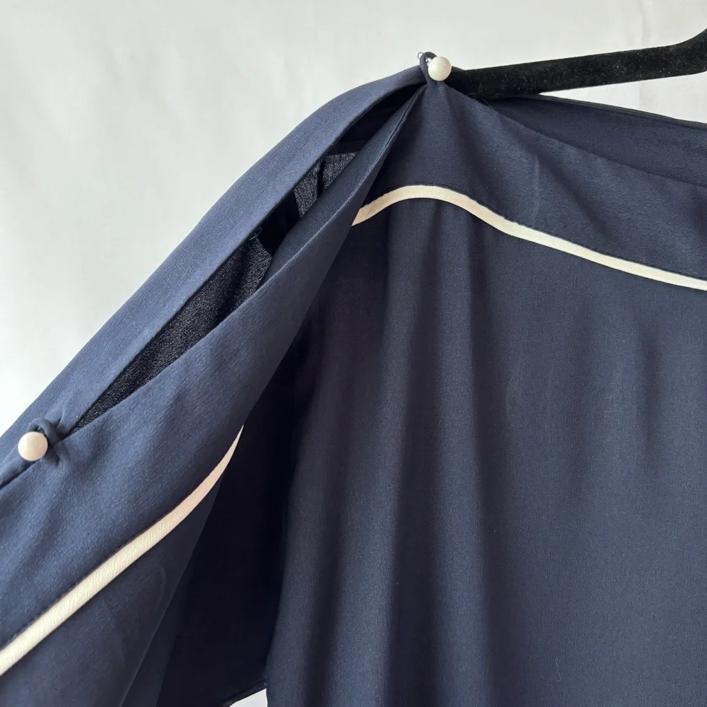 Ann Taylor XS Navy Blue with White Trim Boat Neck Blouse Slit Sleeves NWT - Picture 3 of 12